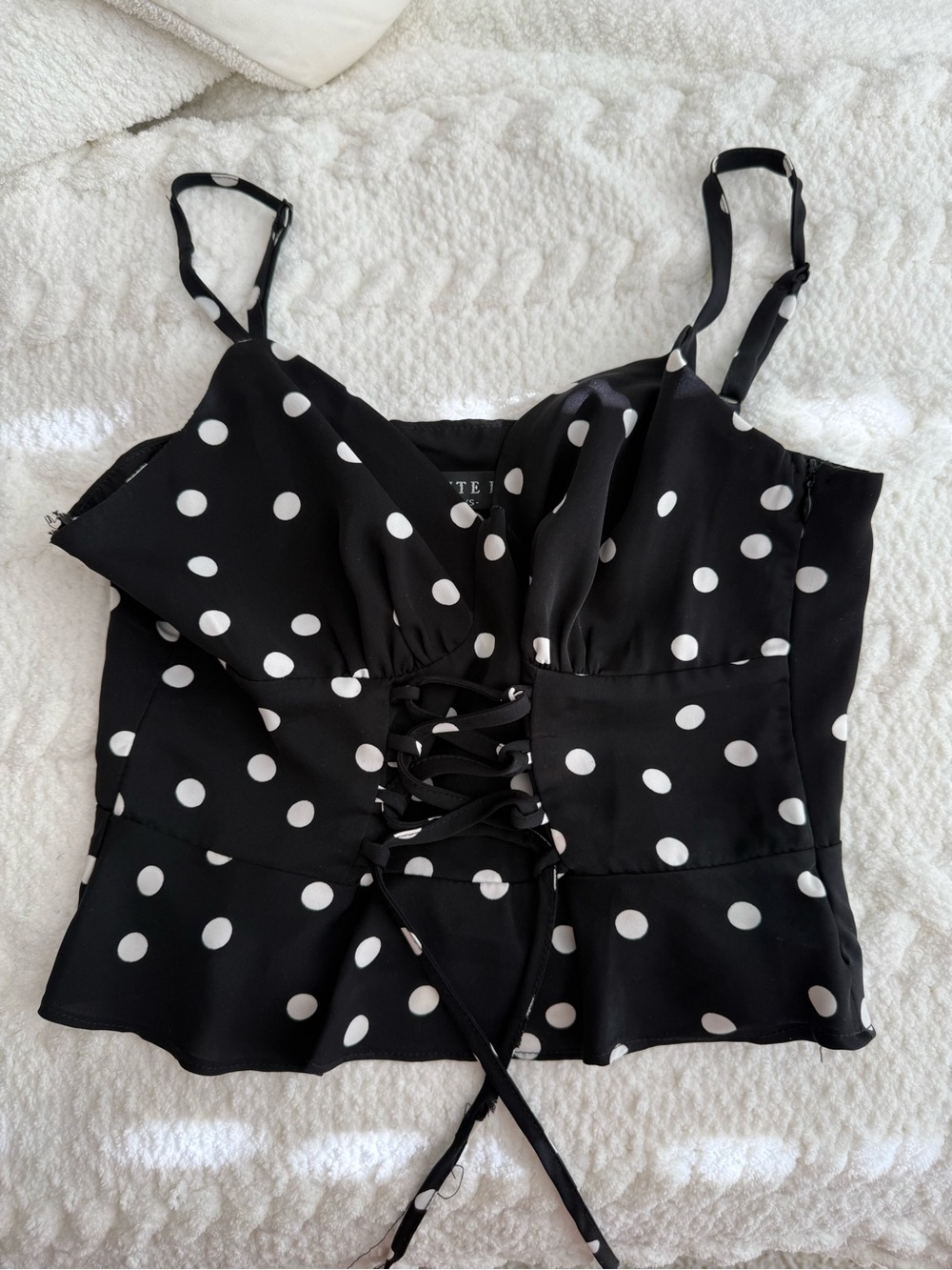 White Fox Boutique Black & White Polka Dot Lace-Up Cami